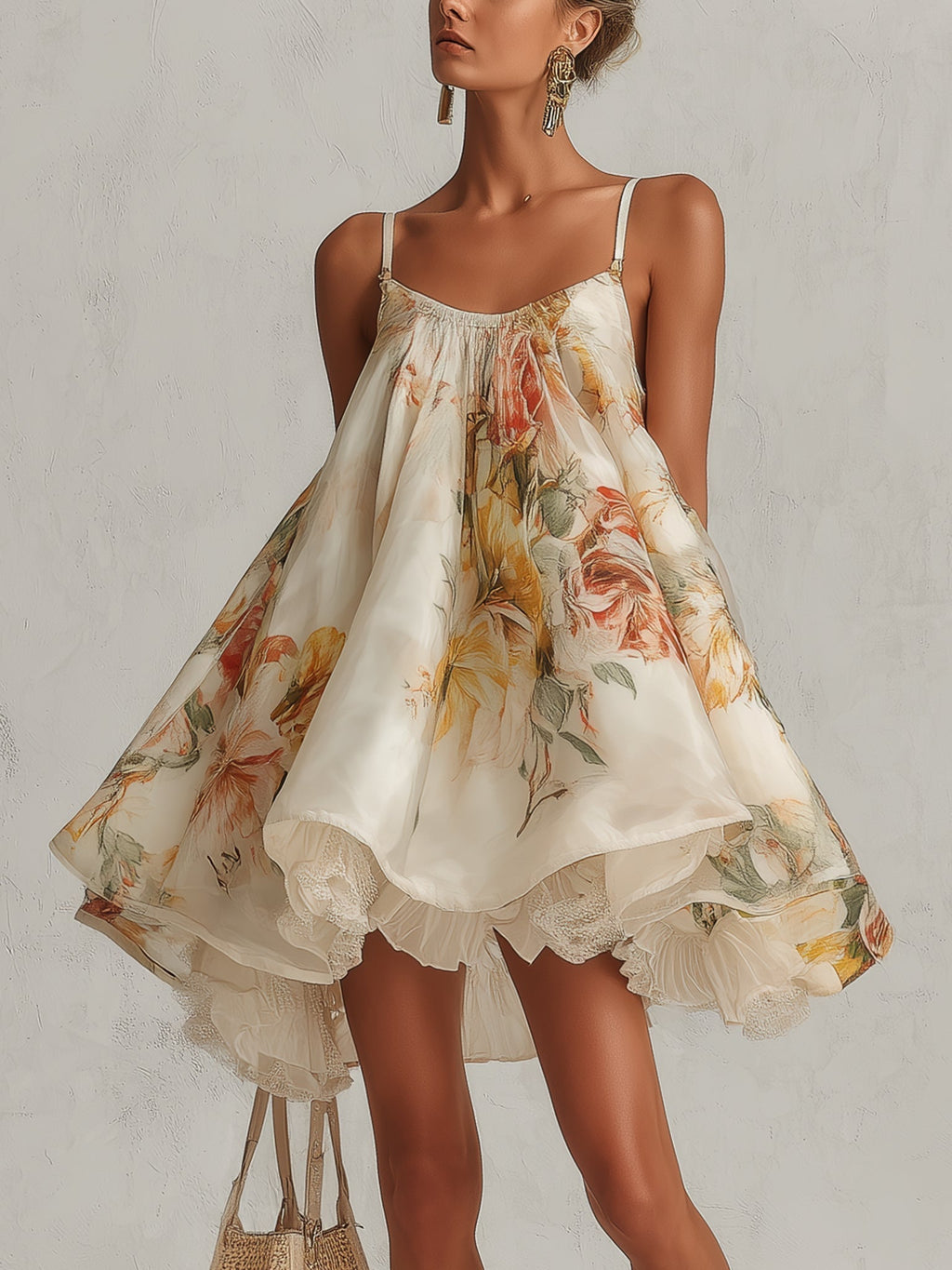 Blanche | Mini-Trapeze Dress in Organza with Beige Floral Pattern and Lace Trim