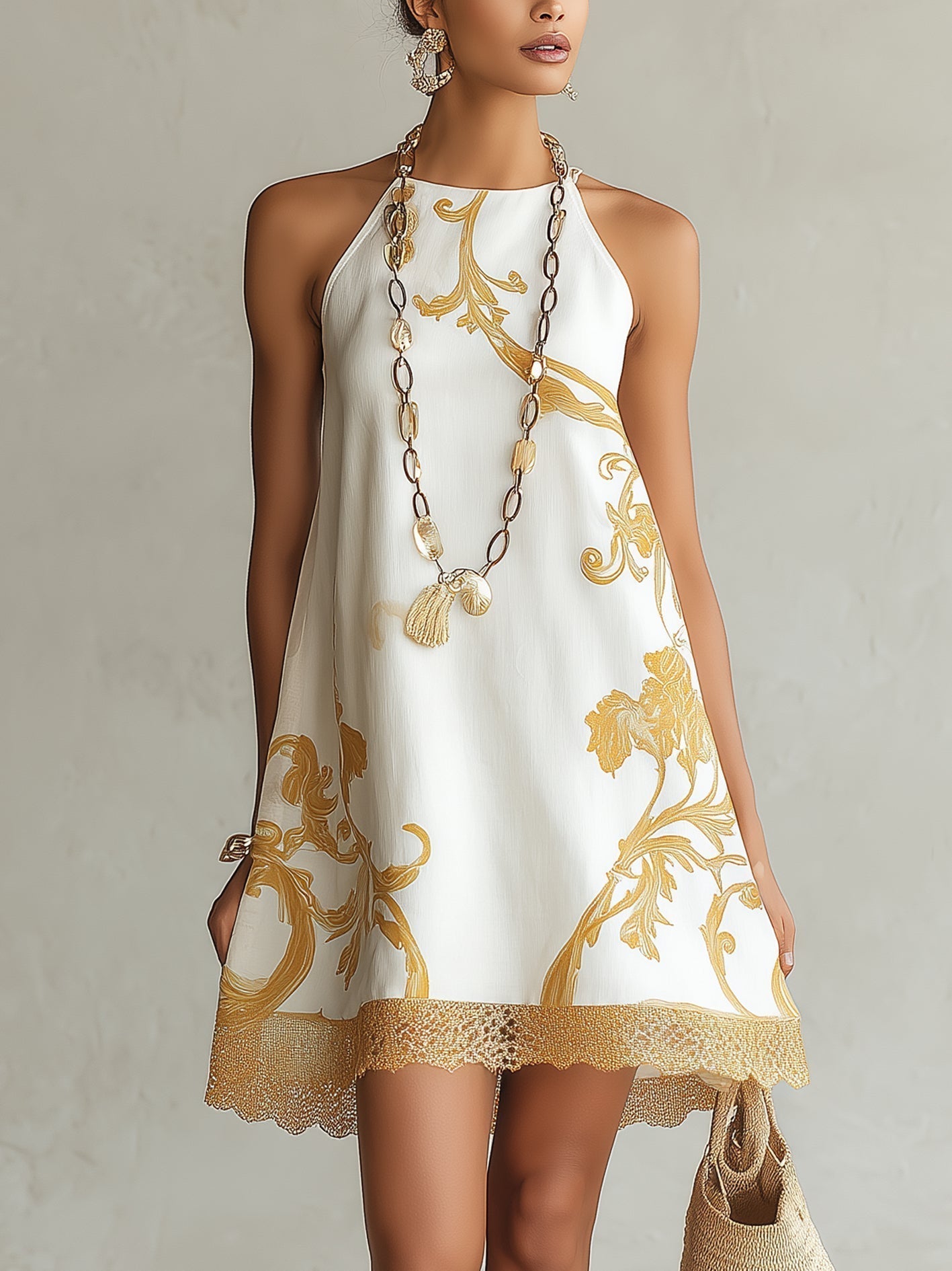 Héloïse | Mini-Kleid aus weißer Spitze mit goldenen Akzenten