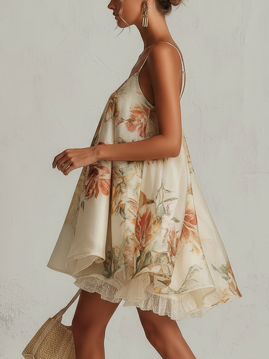 Blanche | Mini-Trapeze Dress in Organza with Beige Floral Pattern and Lace Trim