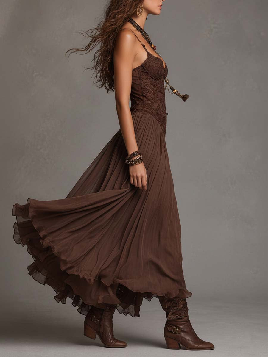 Élise | Robe longue en mousseline et dentelle marron
