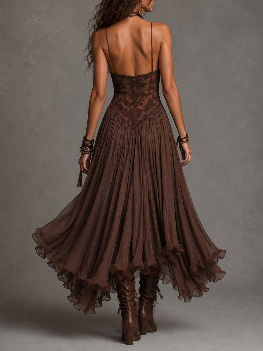 Élise | Robe longue en mousseline et dentelle marron