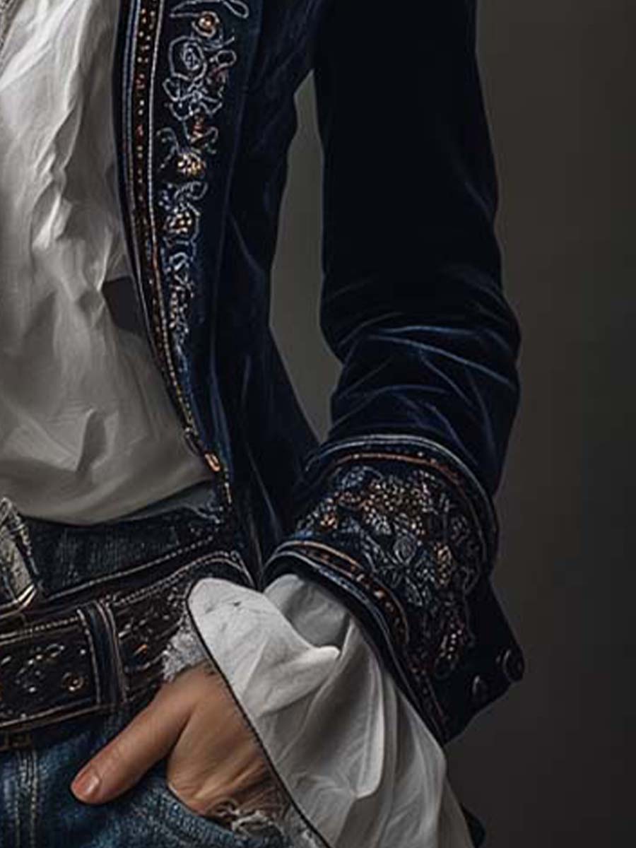 Athénaïs | Longue veste vintage brodée bleu marine