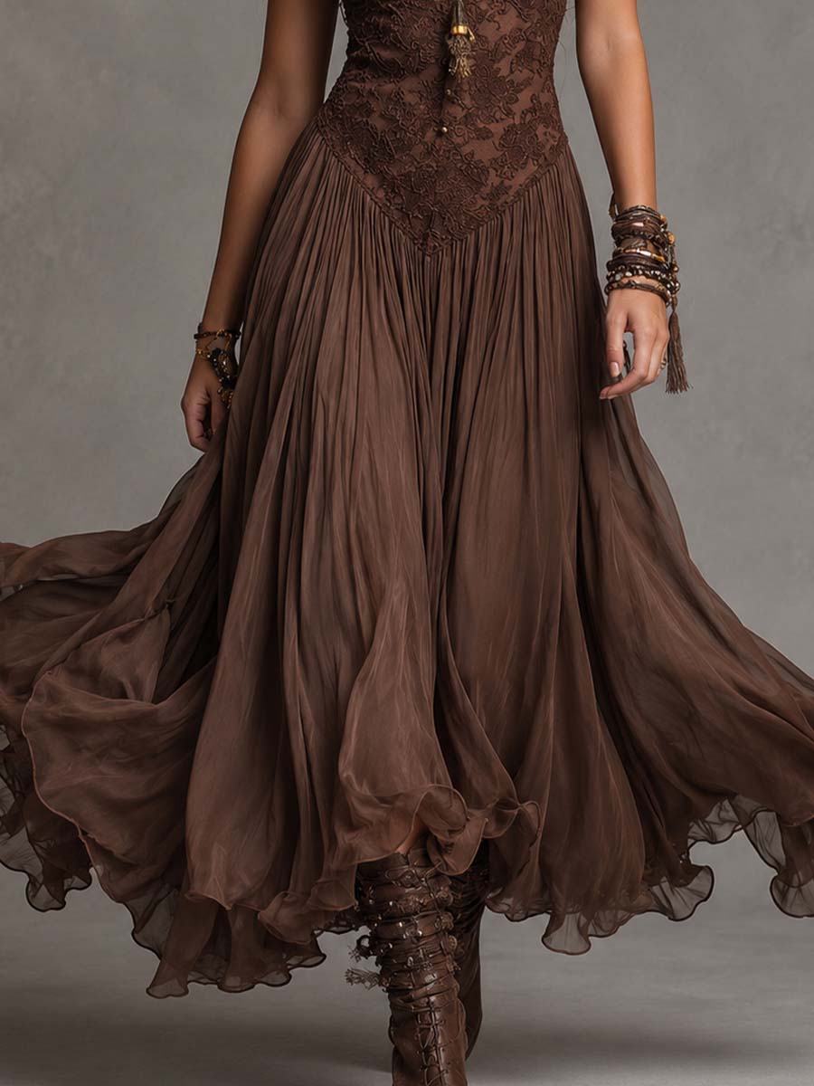 Élise | Robe longue en mousseline et dentelle marron