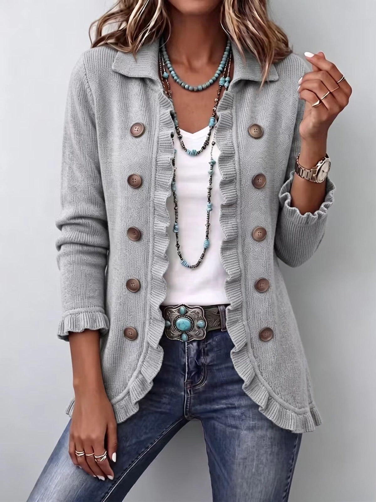 Eloísa | Cardigan gris avec volants et effet chiné