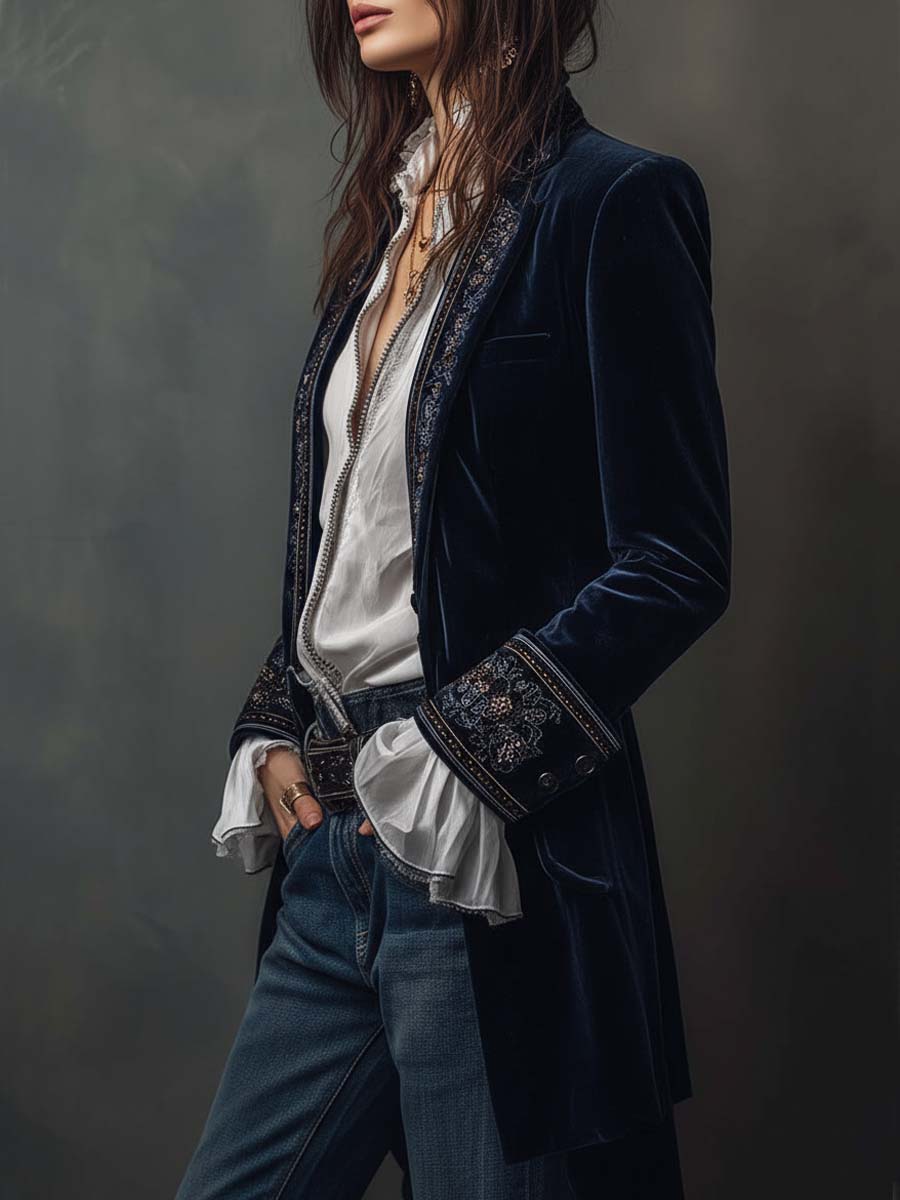 Athénaïs | Longue veste vintage brodée bleu marine