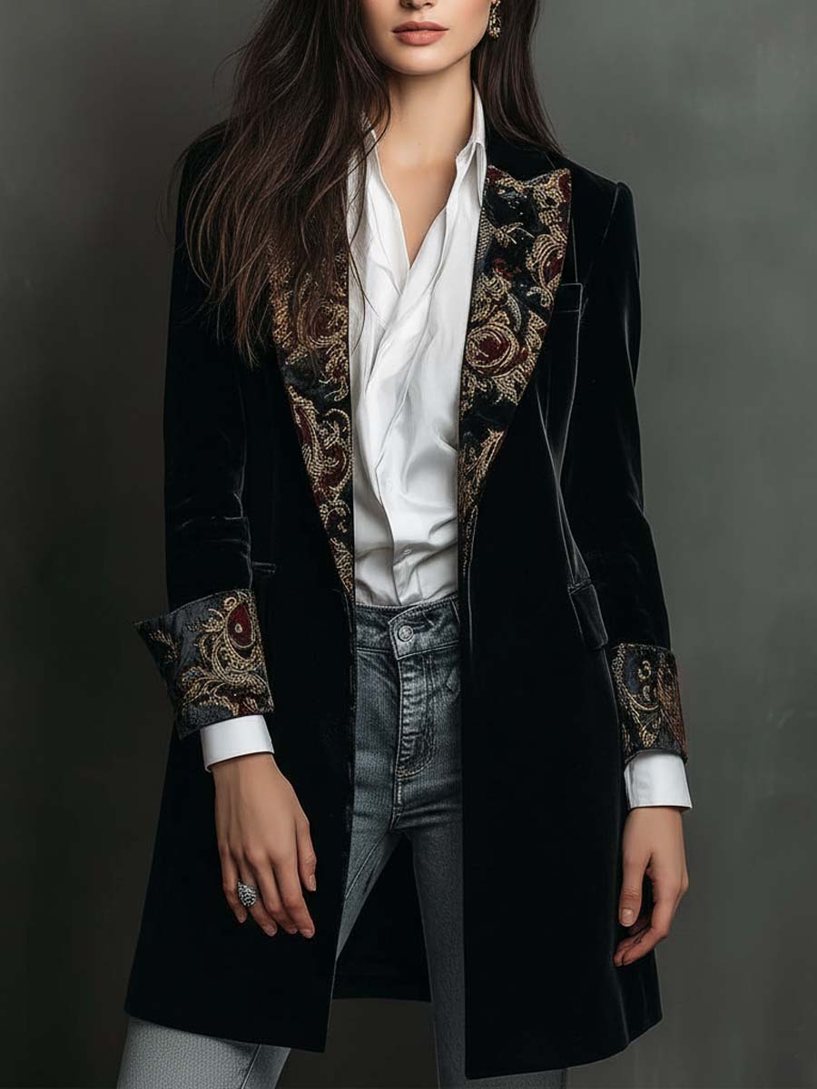 Léontine | Blazer cintré noir à motif baroque