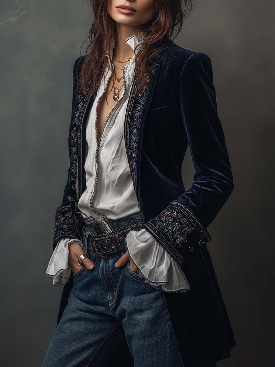 Athénaïs | Longue veste vintage brodée bleu marine
