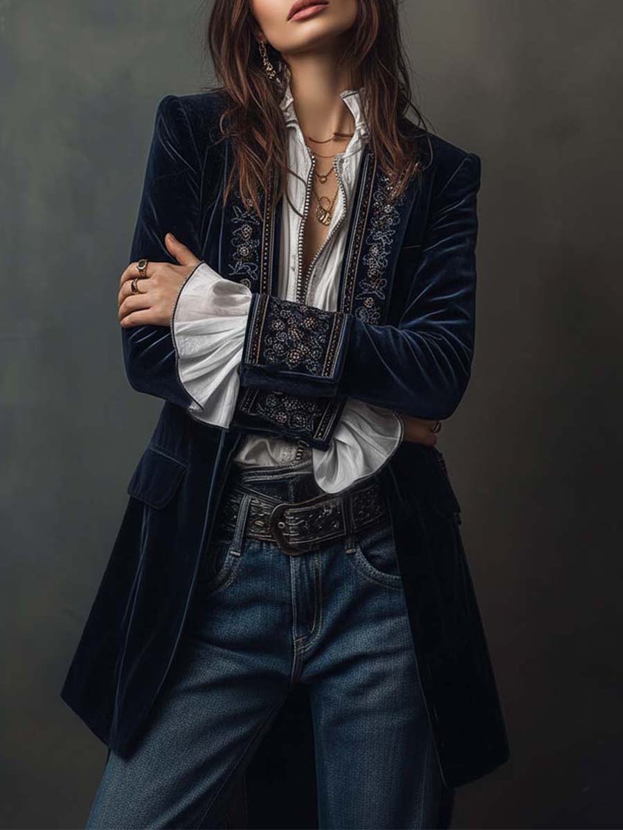 Athénaïs | Longue veste vintage brodée bleu marine