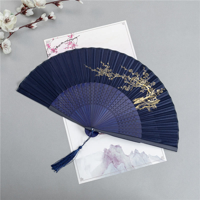 Faltbarer Bambus-Handfächer, 22,5 cm, mit Buddha-Steinen und Motiven von Kranich, Libelle, Lotus, Pfingstrose, Pflaumenblüte und Schmetterling