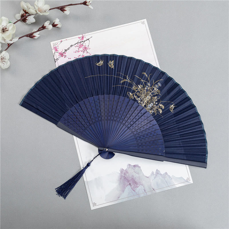 Faltbarer Bambus-Handfächer, 22,5 cm, mit Buddha-Steinen und Motiven von Kranich, Libelle, Lotus, Pfingstrose, Pflaumenblüte und Schmetterling