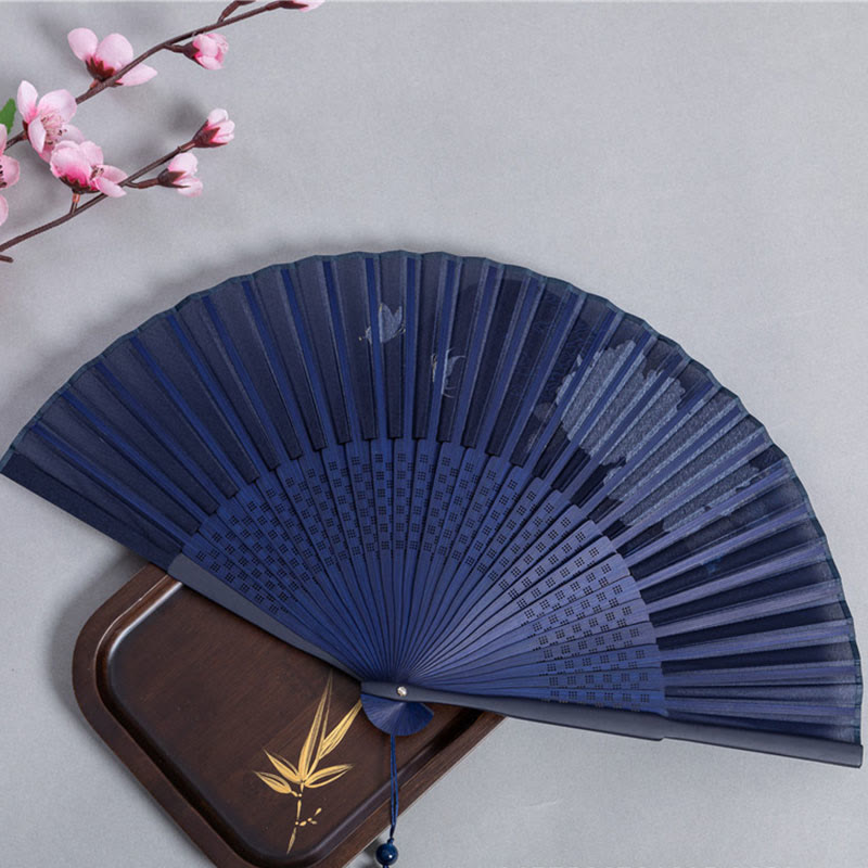 Faltbarer Bambus-Handfächer, 22,5 cm, mit Buddha-Steinen und Motiven von Kranich, Libelle, Lotus, Pfingstrose, Pflaumenblüte und Schmetterling