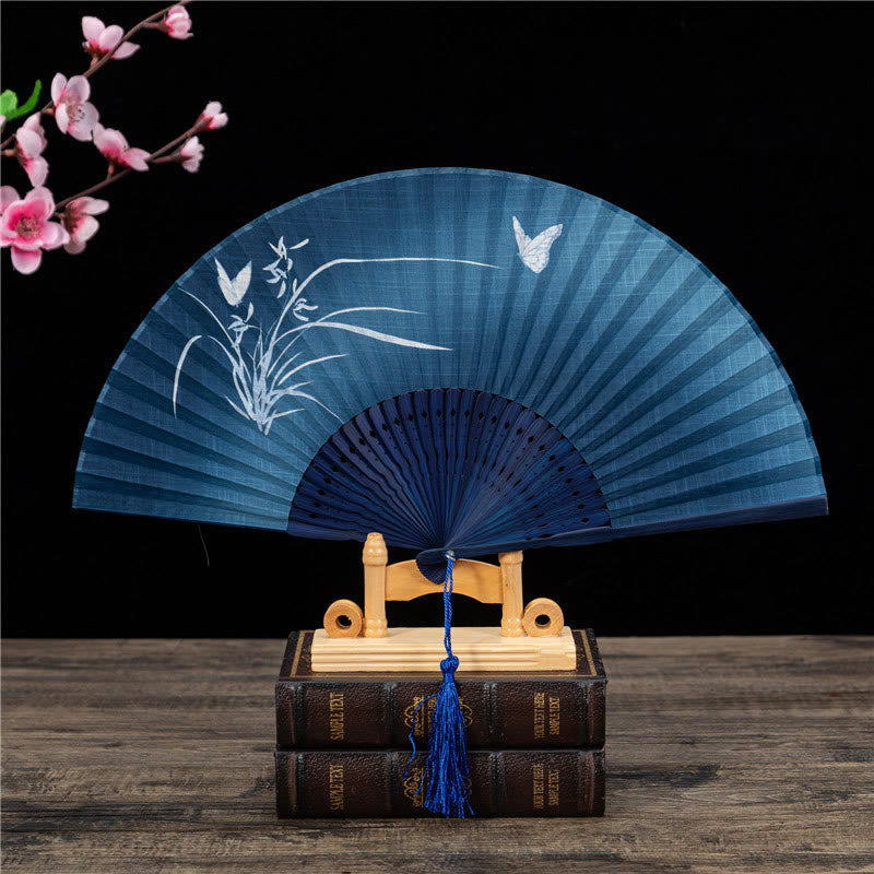 Buddha Butterfly Orchid Cat Handheld Cotton-Linen Bamboo Folding Fan - 22cm