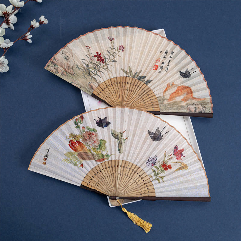 Buddha Butterfly Orchid Cat Handheld Cotton-Linen Bamboo Folding Fan - 22cm