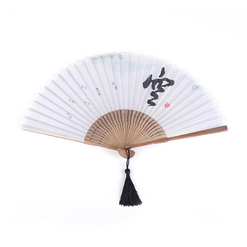 Handgefertigter Faltfächer aus Baumwolle und Leinen mit Buddha-Steinen, chinesischen Schriftzeichen und goldener Libelle – 22 cm