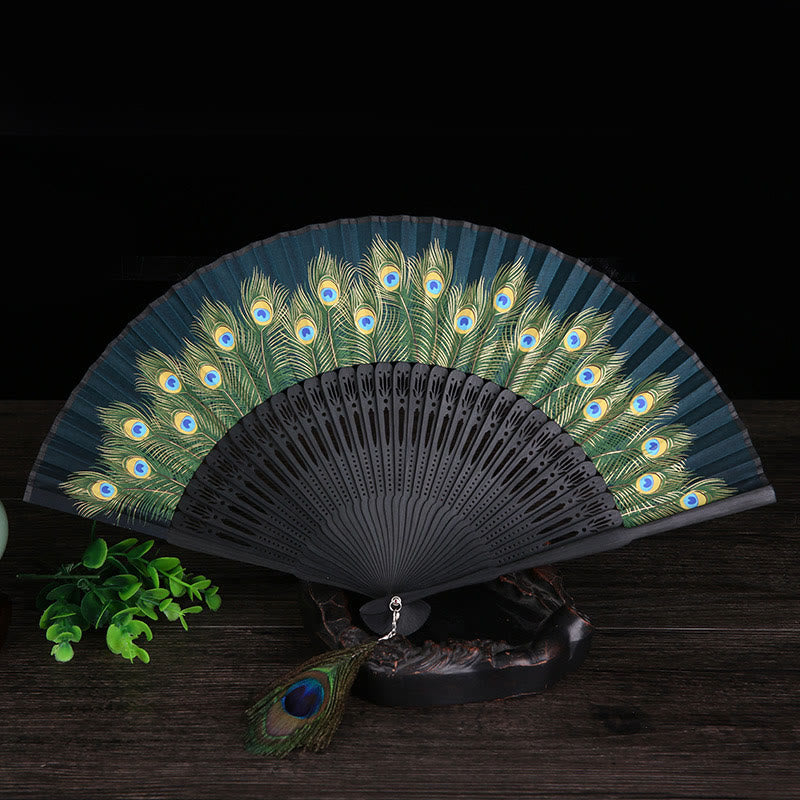 Buddha Stones Handheld Bamboo Folding Fan with Peacock Feather Design - 21.5 cm