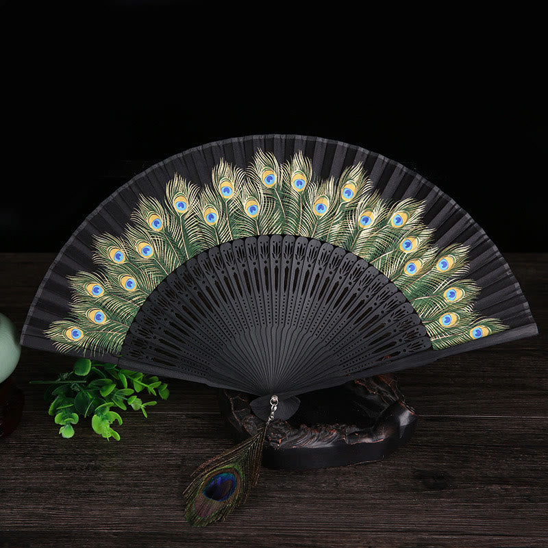 Buddha Stones Handheld Bamboo Folding Fan with Peacock Feather Design - 21.5 cm