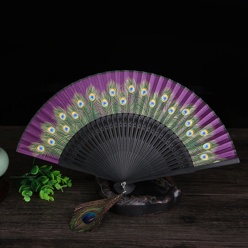 Buddha Stones Handheld Bamboo Folding Fan with Peacock Feather Design - 21.5 cm