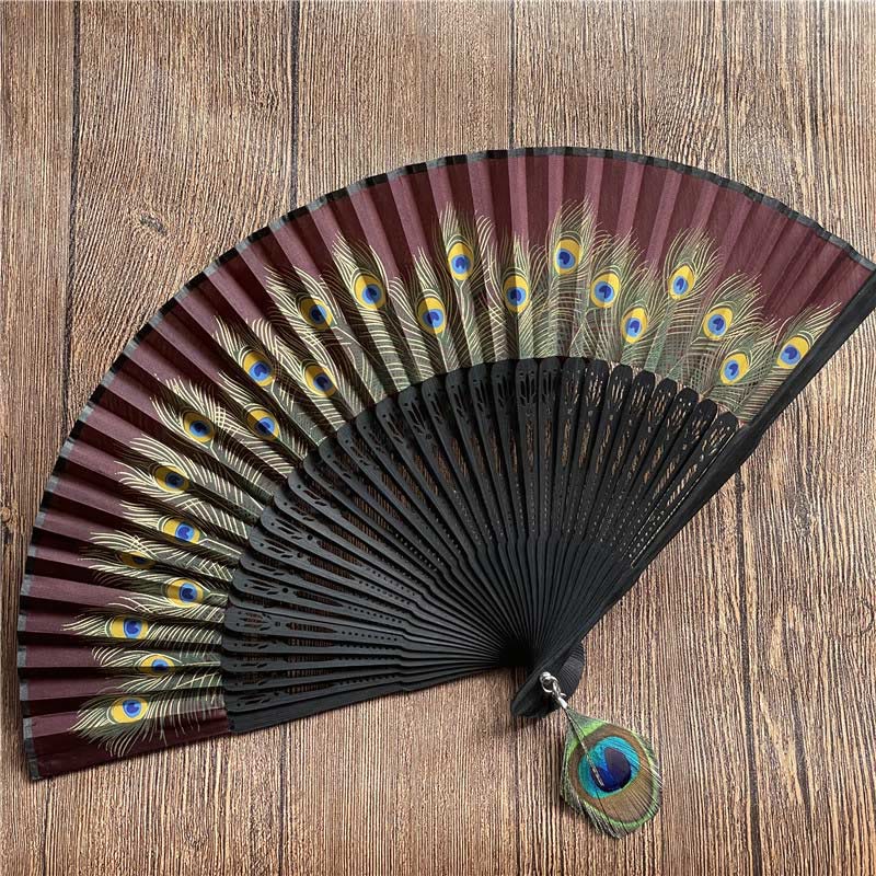 Buddha Stones Handheld Bamboo Folding Fan with Peacock Feather Design - 21.5 cm