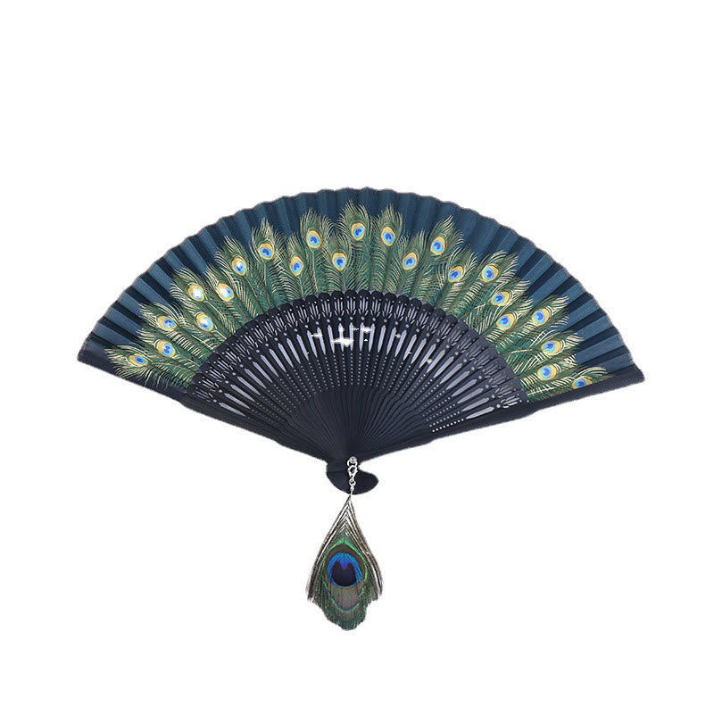 Buddha Stones Handheld Bamboo Folding Fan with Peacock Feather Design - 21.5 cm