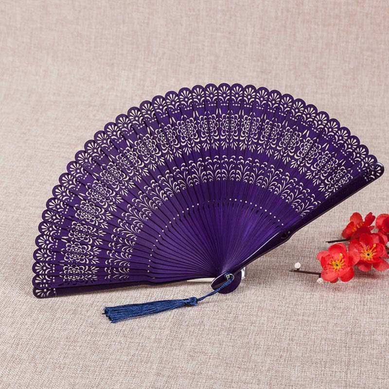 18 cm Handgehaltener Bambus Faltfächer mit Gravur von Buddha-Steinen und Blumen