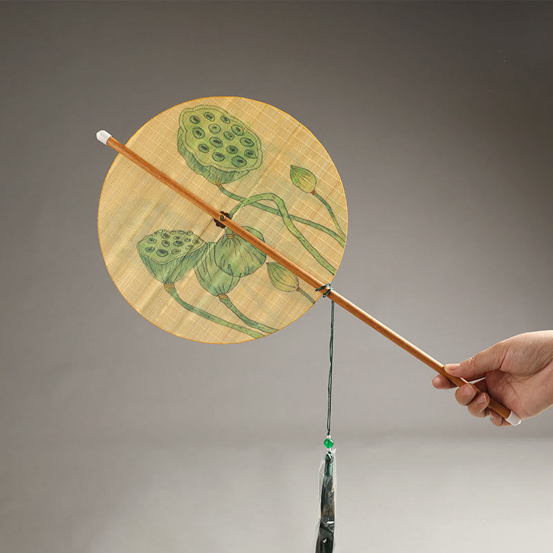 Handgefertigter Fächer mit Buddha-Motiven, Vögeln, Blumen, Persimonen, Koi-Fischen, Lotus und Bambus – Tragbar und Rollbar
