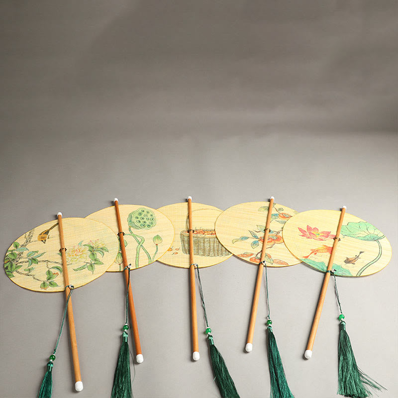 Handgefertigter Fächer mit Buddha-Motiven, Vögeln, Blumen, Persimonen, Koi-Fischen, Lotus und Bambus – Tragbar und Rollbar