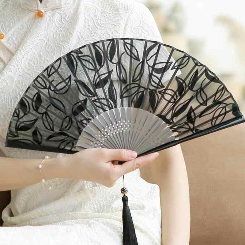 Retro Buddha Stones Floral Silk Handheld Bamboo Folding Fan
