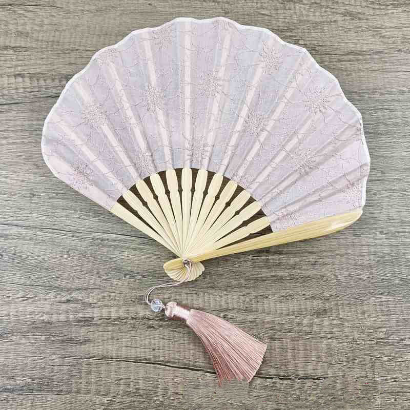 Retro Buddha Stones Large Floral Embroidery Shell-Shaped Tassel Handheld Bamboo Folding Fan