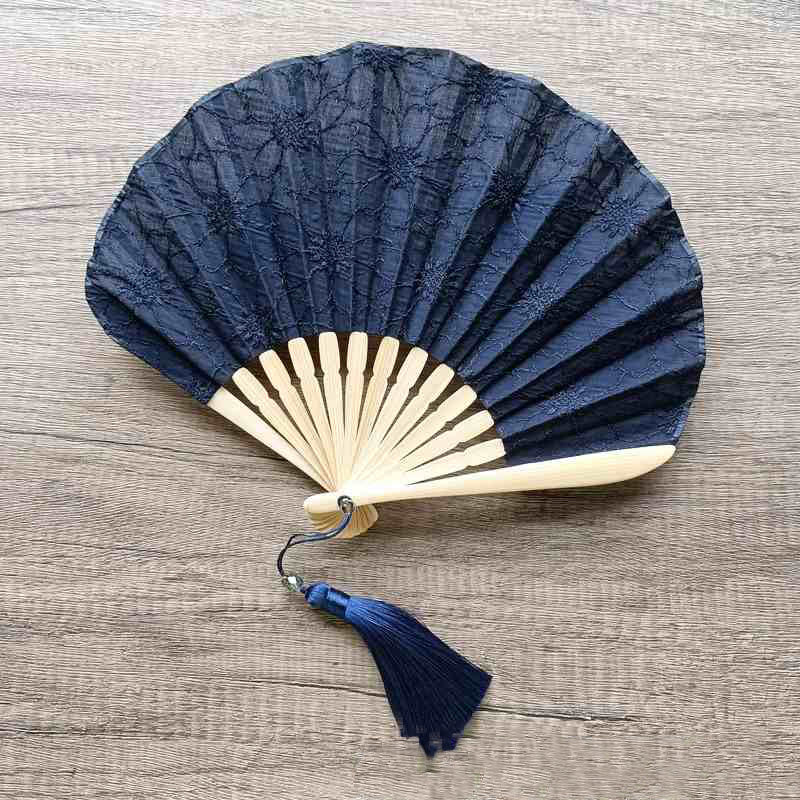 Retro Buddha Stones Large Floral Embroidery Shell-Shaped Tassel Handheld Bamboo Folding Fan