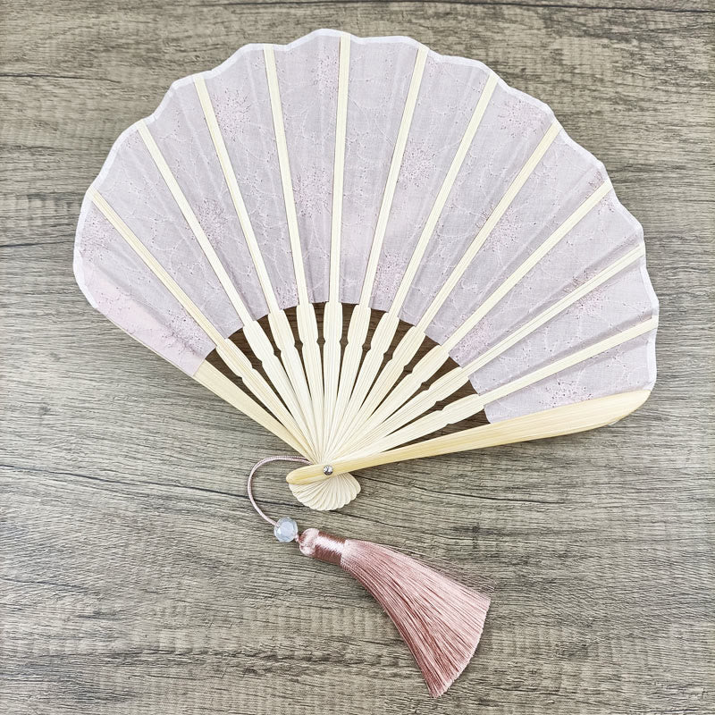 Retro Buddha Stones Large Floral Embroidery Shell-Shaped Tassel Handheld Bamboo Folding Fan