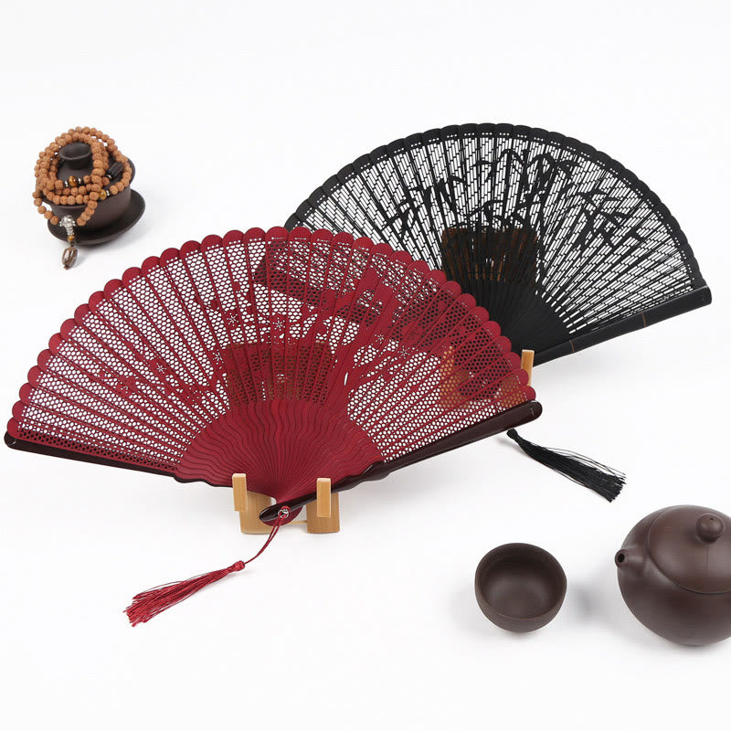 Retro Buddha Steine Handheld Bambus Faltfächer mit Hohlgravur