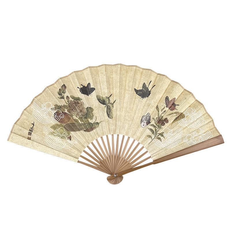 Faltbarer Handventilator aus Baumwolle und Leinen mit Buddha-Motiven, Schmetterlingen, Katzen und Blumen