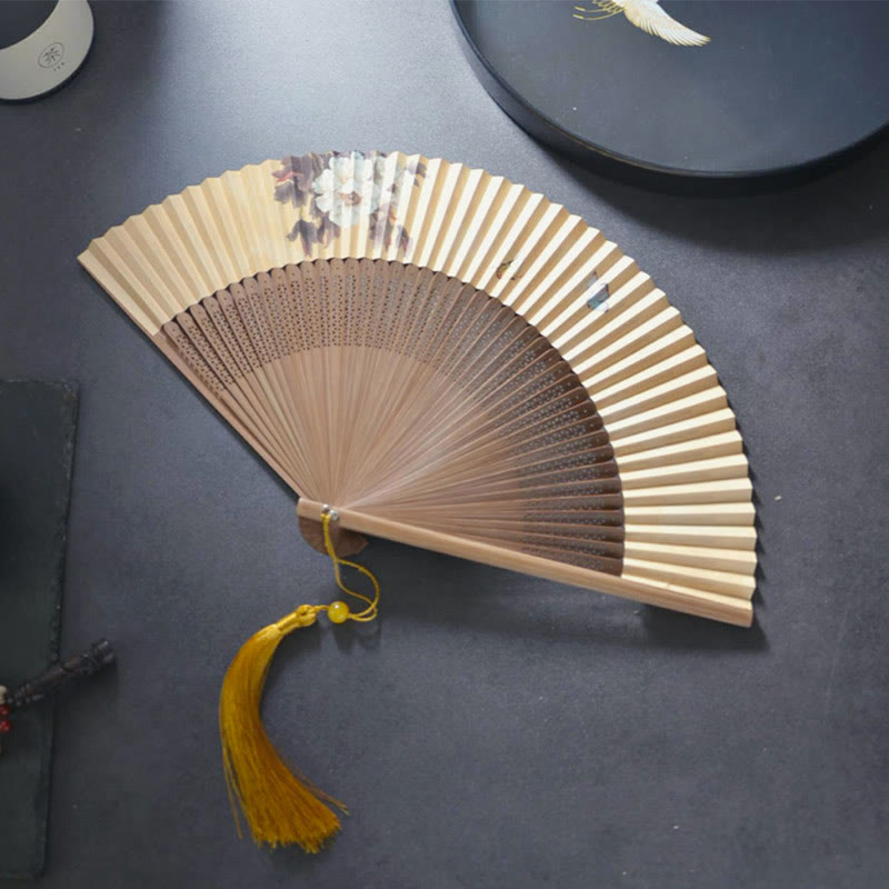 Buddha Stones, Lotus, Dragonfly, Peony, Butterfly, Bamboo Hand Fan - 22.5 cm