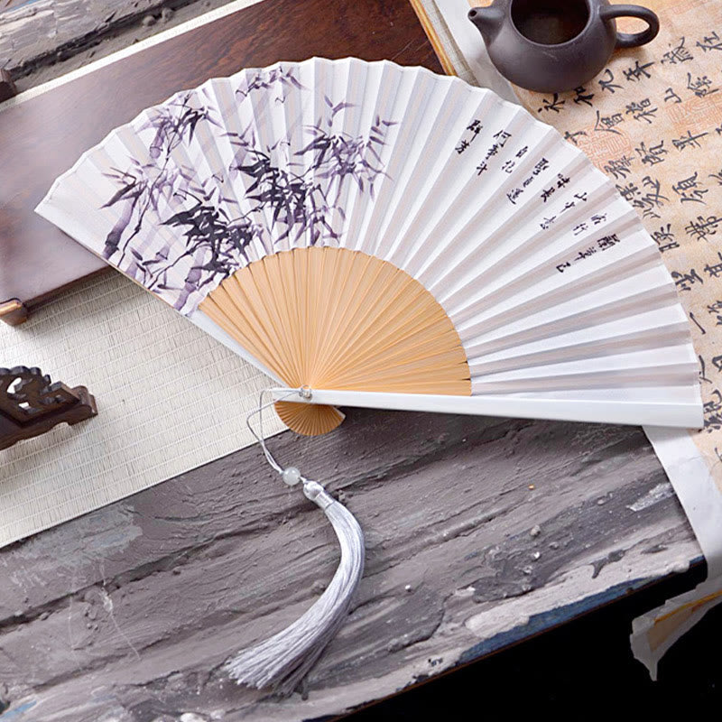 Faltfächer aus Hand-Huayao-Crêpe-Polyester mit Buddha-Motiven, chinesischen Schriftzeichen, Tuschmalerei, Lotusblume und Blattlandschaft – 23,3 cm