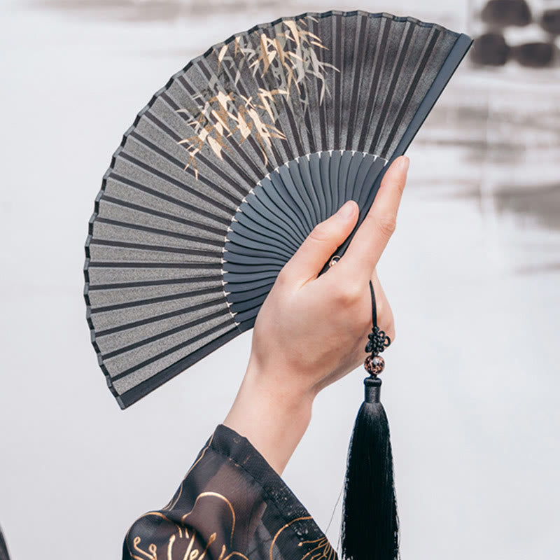 Buddha-Design Seiden-Handfächer aus Bambus mit schwarzem Bambusblatt-Muster