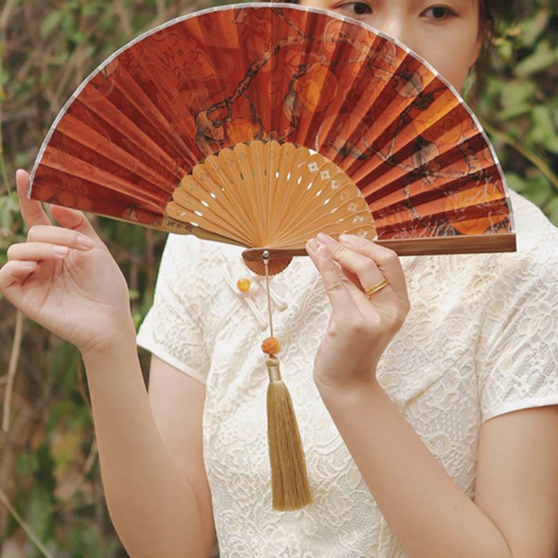 Buddha Stones Handcrafted Bamboo Fan with Floral Design, Kaki, Bamboo Leaves, and Xiangyunsha Silk