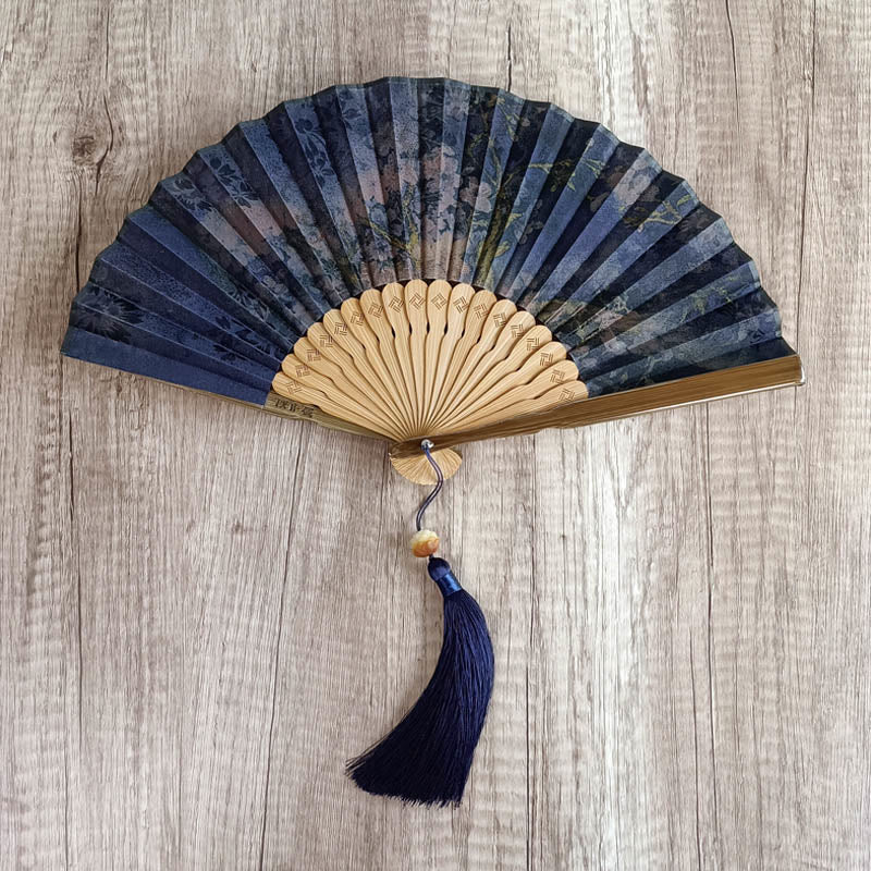Buddha Stones Handcrafted Bamboo Fan with Floral Design, Kaki, Bamboo Leaves, and Xiangyunsha Silk