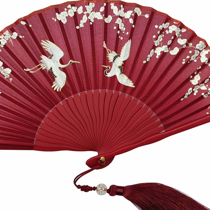 Praktischer Faltfächer aus Bambus mit Buddha-Motiven, Kranich und Pflaumenblüte
