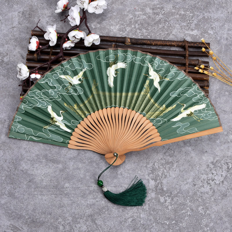 Vintage Bambus Faltfächer mit Wolken- und Kranich-Muster – Handgefertigt von Buddha Stones