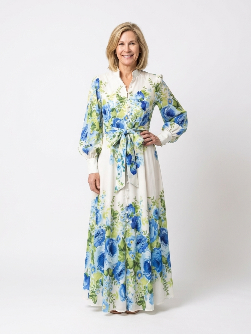 Robe Maxi à Fleurs Harper avec Manches Longues et Boutonnage