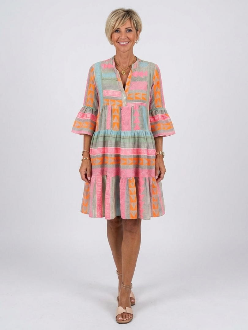 Maelle | Robe Géométrique à Col en V, Longueur Genou