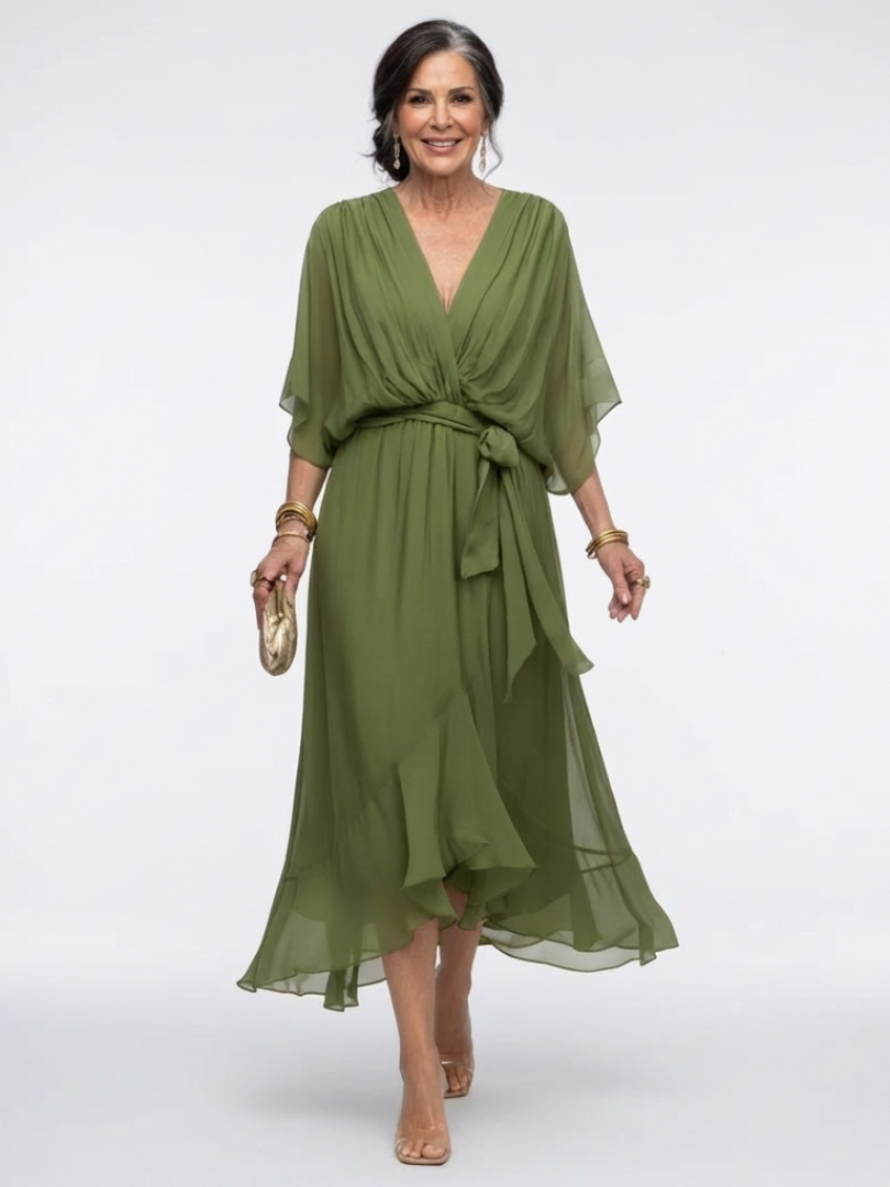 Elysia | Robe Midi Drapée à Encolure en V avec Ceinture Ajustable