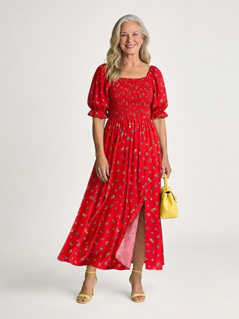 Delphine | Robe Midi à Col Carré avec Manches Bouffantes et Motif Floral