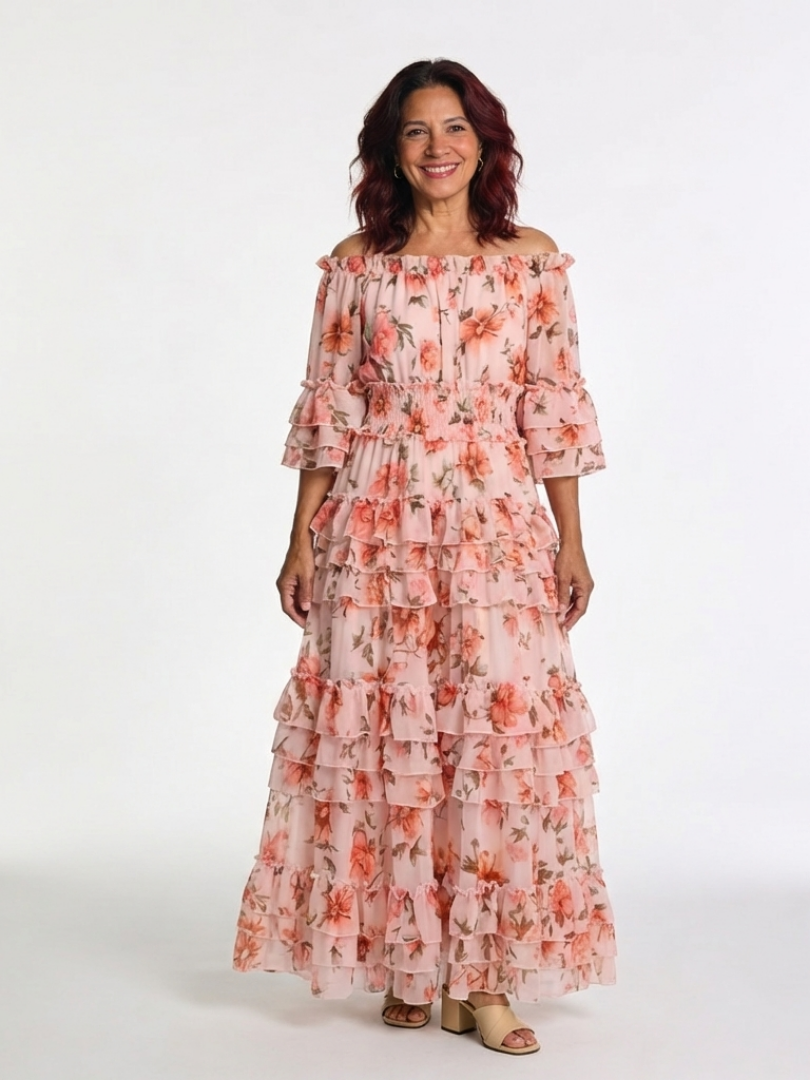Rosalie | Robe Maxi Florale à Volants avec Décolleté