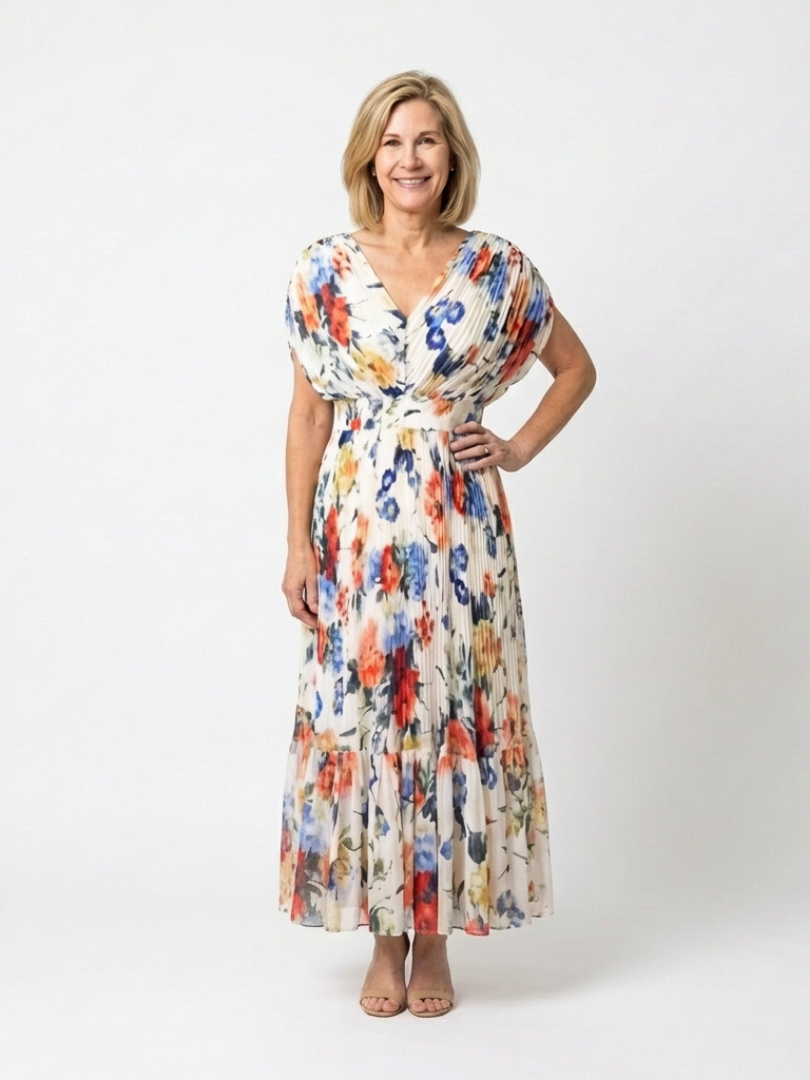 Robe Midi Plissée à Manches Courtes avec Imprimé Floral - Savannah