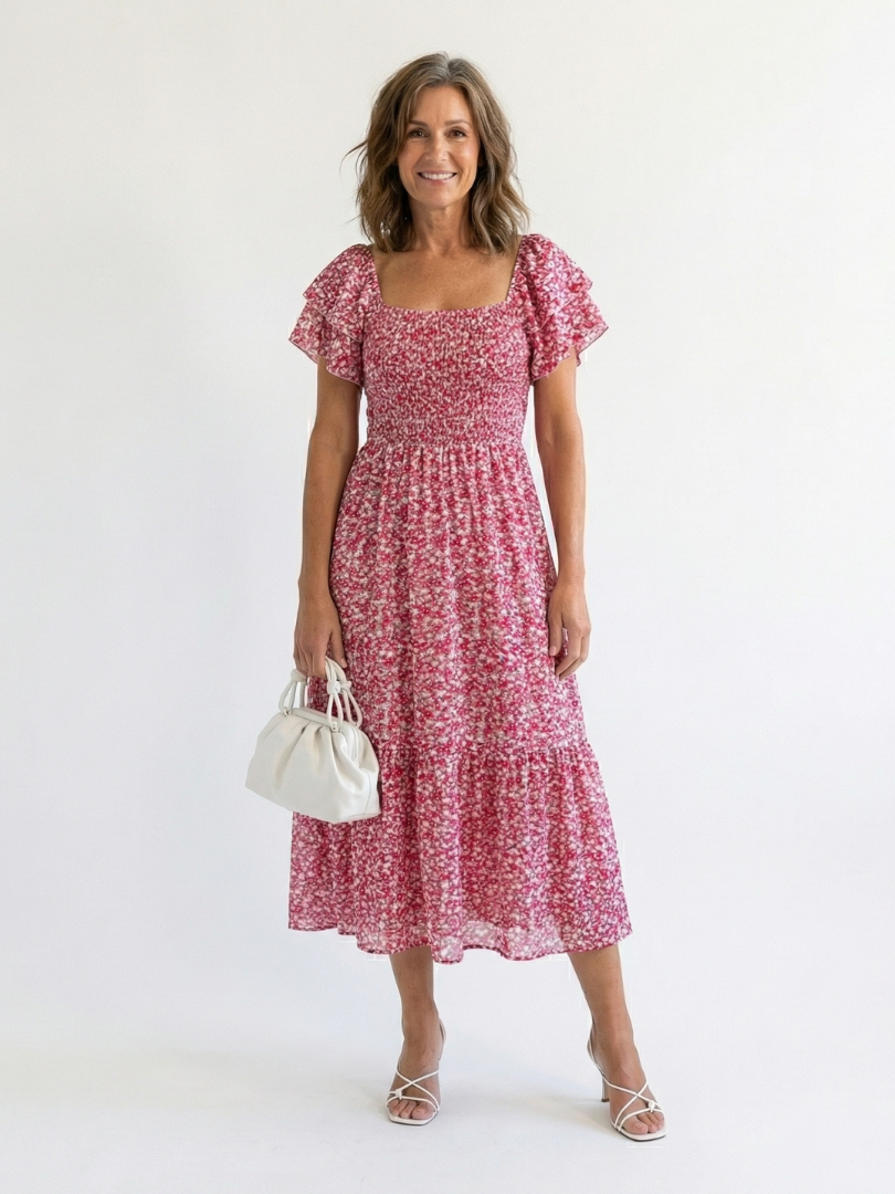 Odette | Robe Midi Fleurs Smockée à Épaules Dégagées