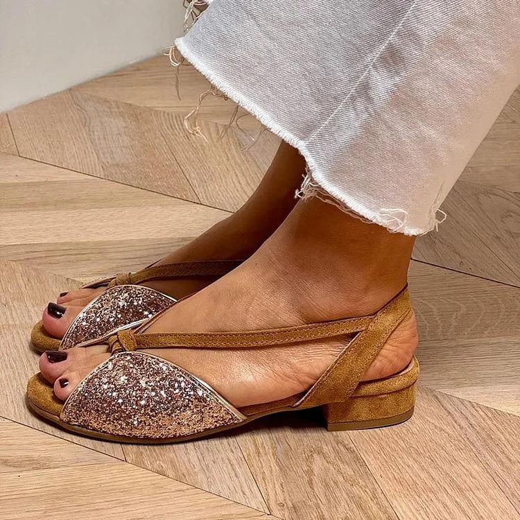 Braune Glitzer-Patchwork-Sandalen mit niedrigem Absatz