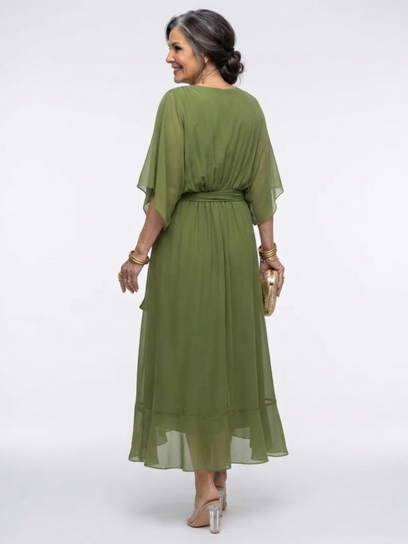 Elysia | Robe Midi Drapée à Encolure en V avec Ceinture Ajustable