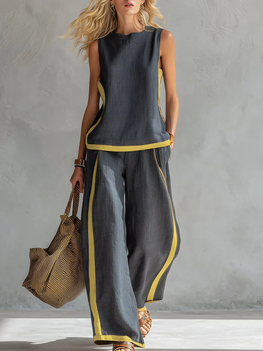 Ursula – Stilvolles Strickjacken- und Hosen-Set mit zweifarbigen Akzenten