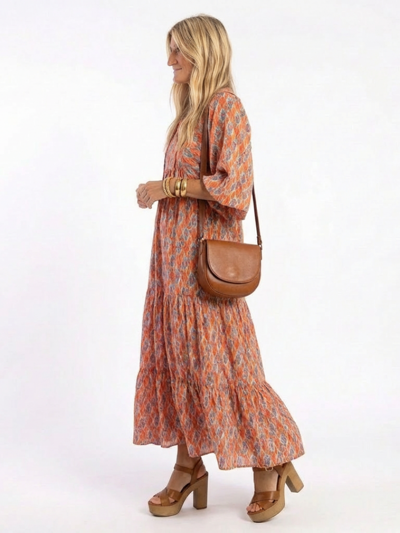 AMARA | Robe Midi à Imprimé Géométrique en V avec Volants